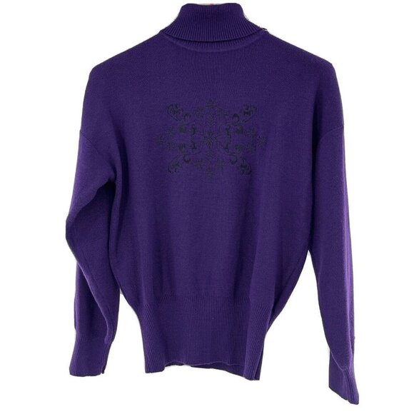 Meister Turtleneck Sweater Embroidered Women's Small Purple Balloon Sleeve - Picture 1 of 5
